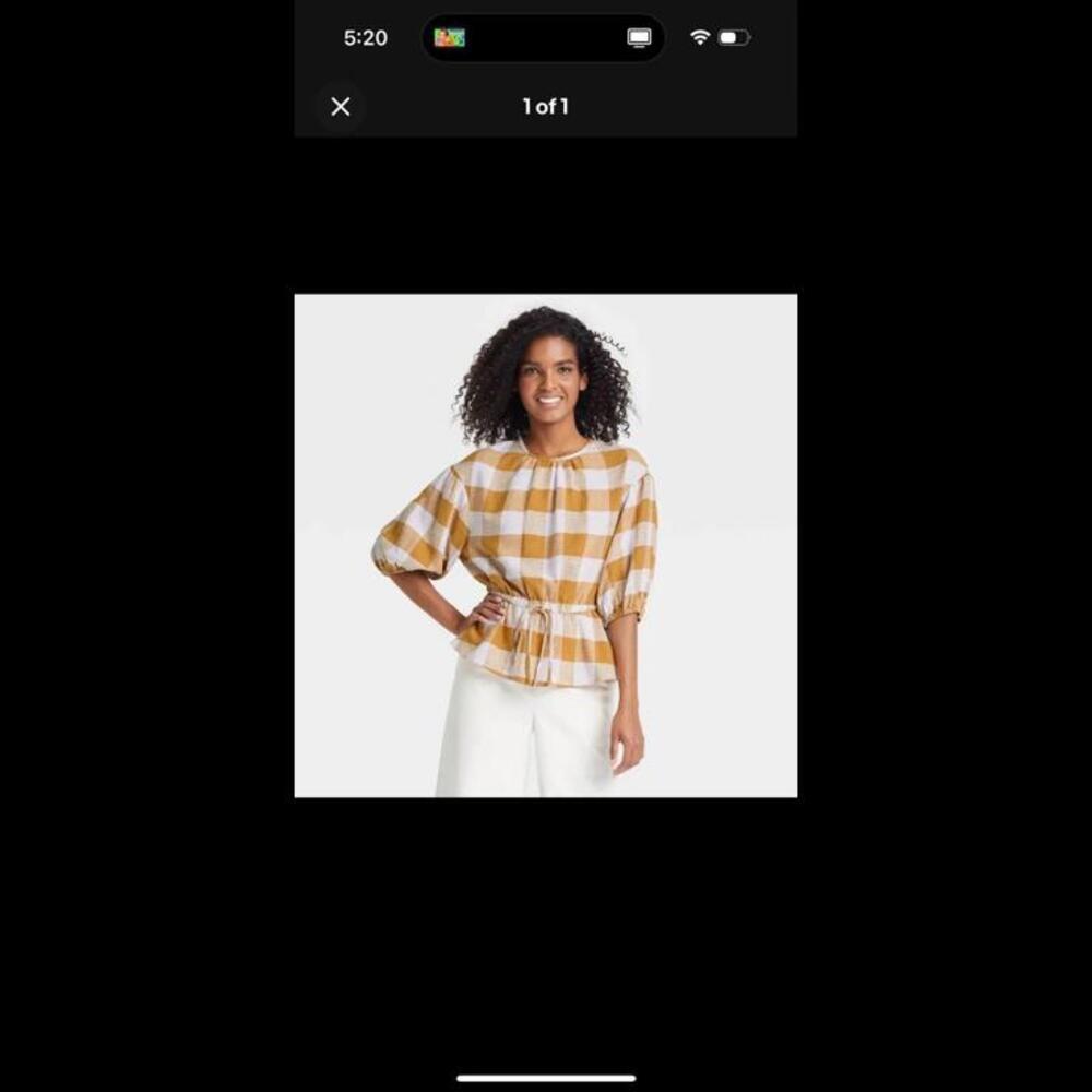S Womens Who What Wear Blouse Gingham Honey Mustard Puffed Sleeve Orange White - Picture 5 of 5